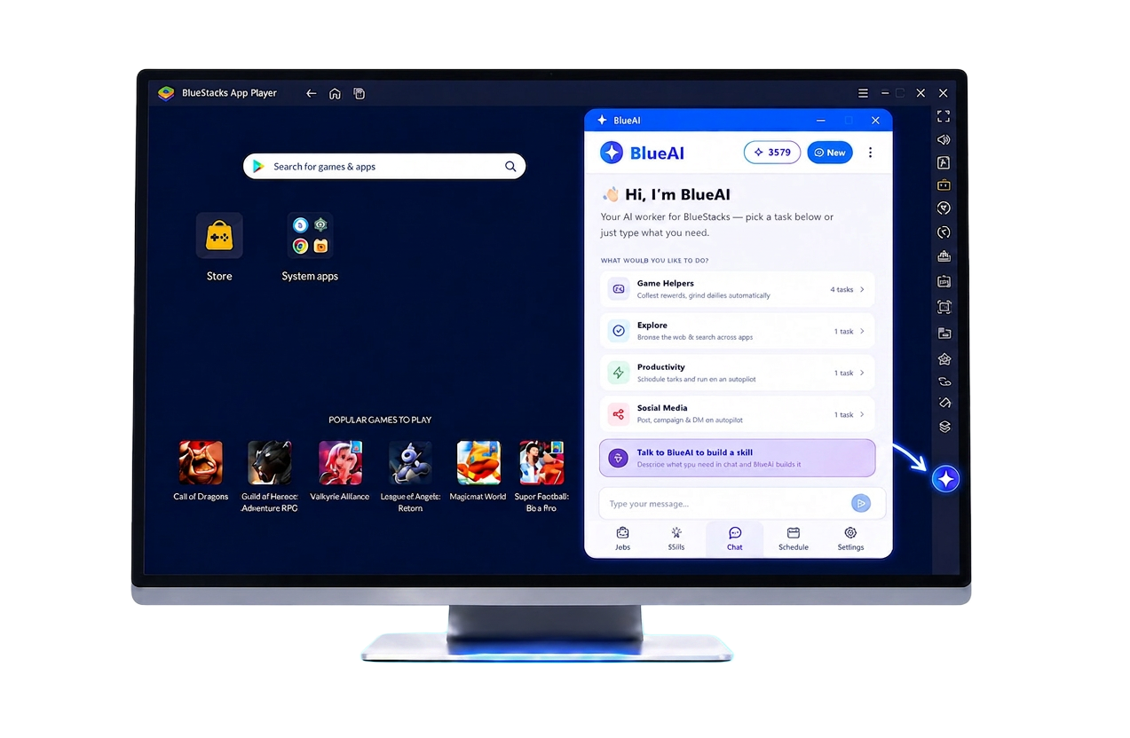 BlueAI running inside BlueStacks on a desktop PC